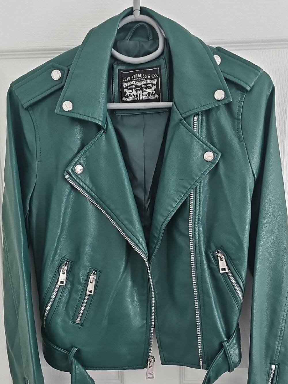 Levi's Dark Green Moto Faux Leather Jacket with Silver Hardware XS